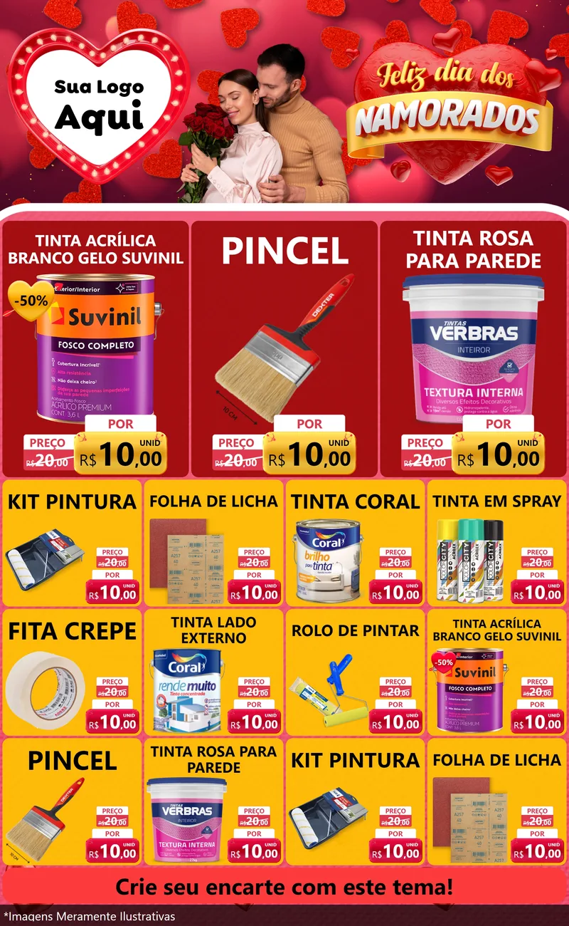 Modelo de Encarte para Encarte Grande com o tema Feliz Dia Dos Namorados para Tintas e Ferramentas