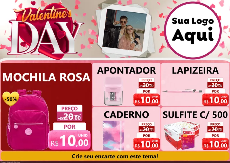 Modelo de Encarte para Encarte A4 Horizontal com o tema Valentine's Day para Papelaria