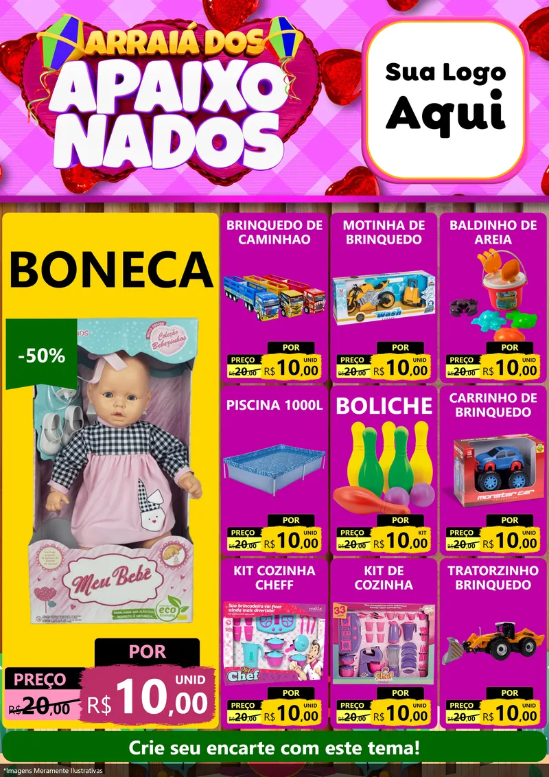 Modelo de Encarte para Encarte A4 Vertical com o tema Arraiá dos Apaixonados para Brinquedos