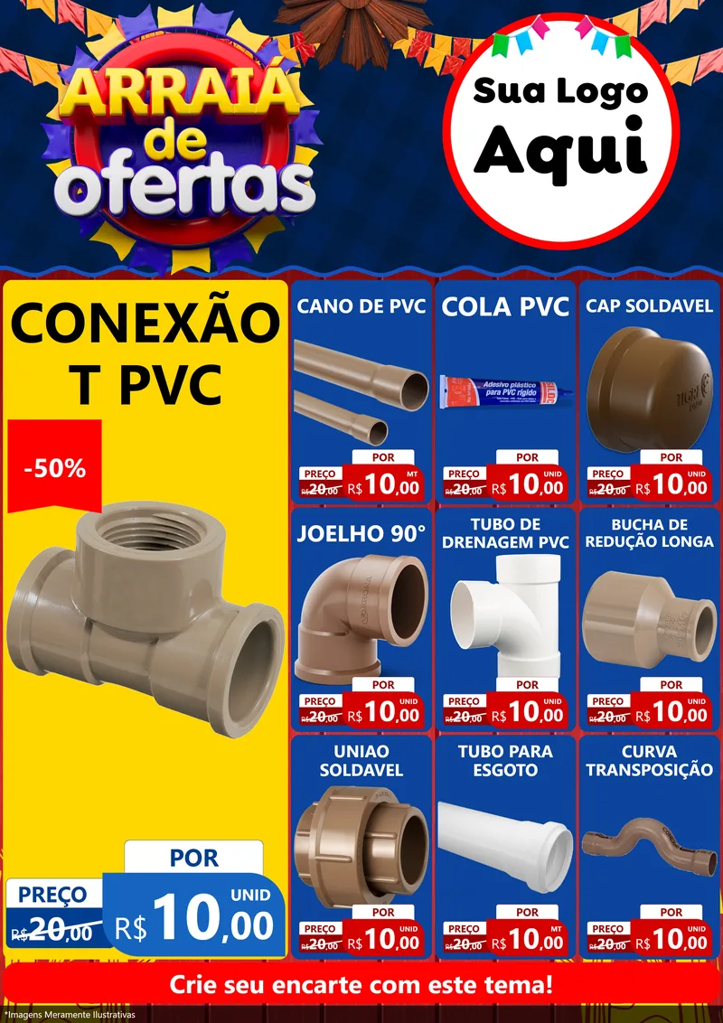 Modelo de Encarte para Encarte A4 Vertical com o tema Arraiá de Ofertas para Tubos e conexões