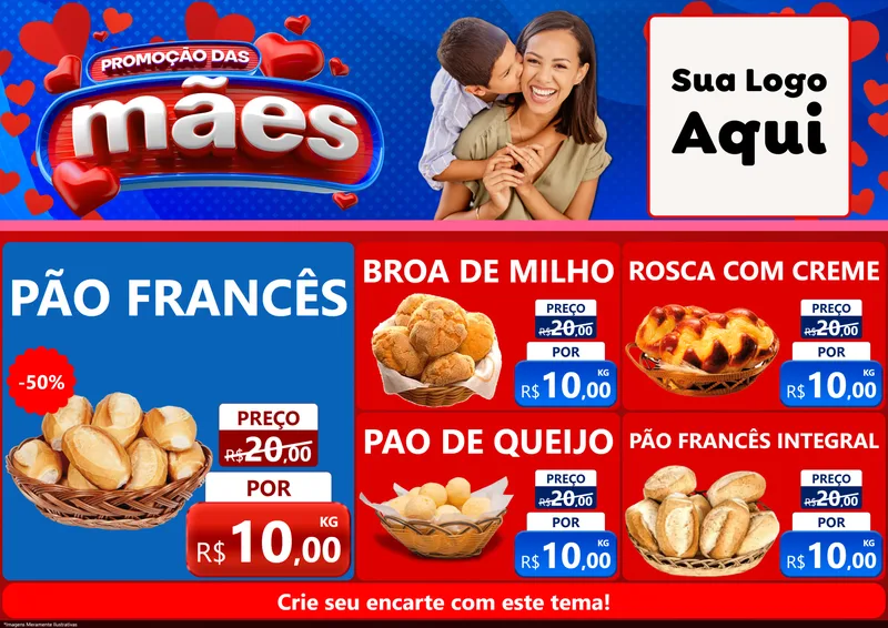 Modelo de Encarte para Encarte A4 Horizontal com o tema Promoção das Mães para Padaria