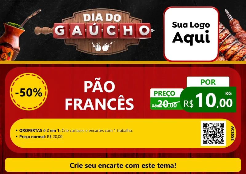 Modelo de Cartaz para Cartaz A4 Horizontal com o tema Dia do Gaúcho para Padaria