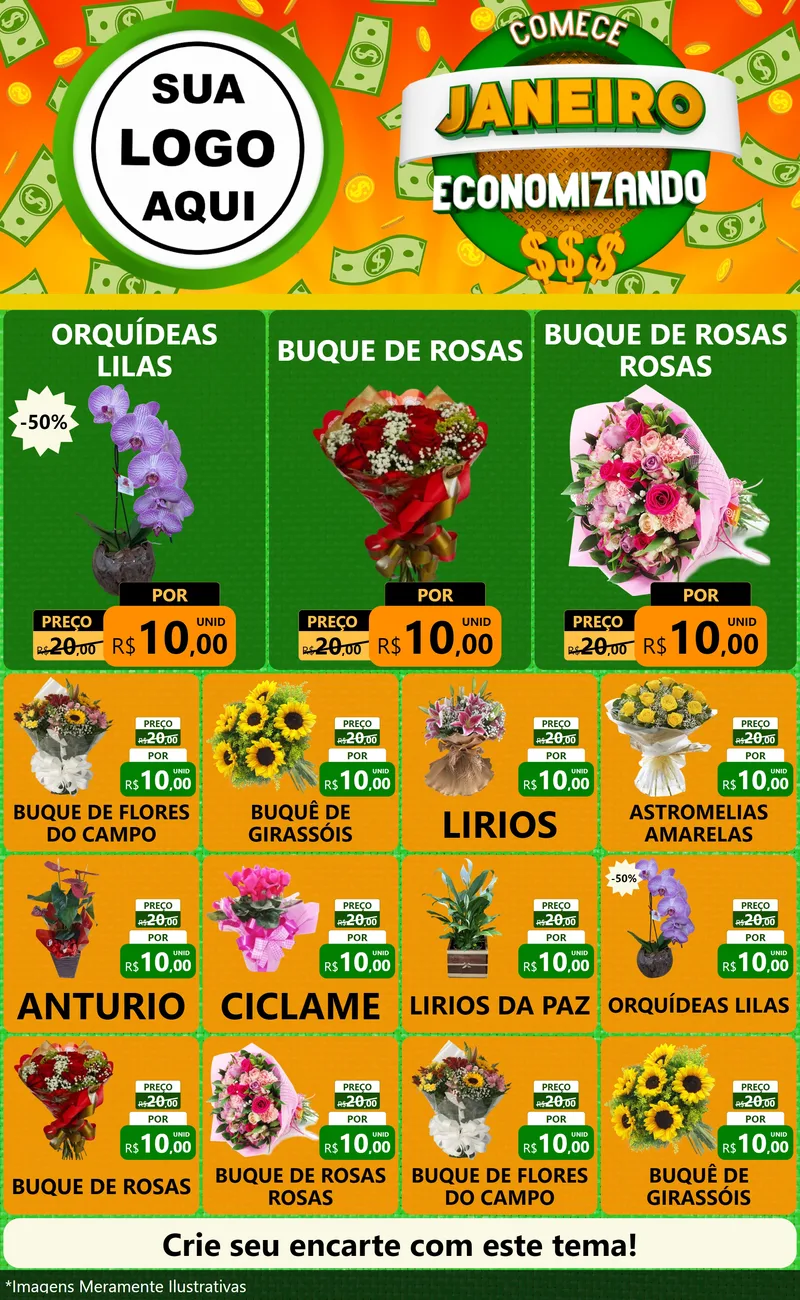 Modelo de Encarte para Encarte Grande com o tema Comece Janeiro Economizando para Floricultura e jardim
