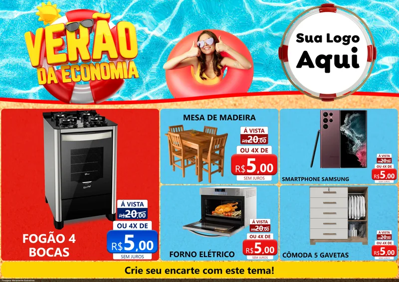 Modelo de Encarte para Encarte A4 Horizontal com o tema Verão da Economia para Móveis e Eletro
