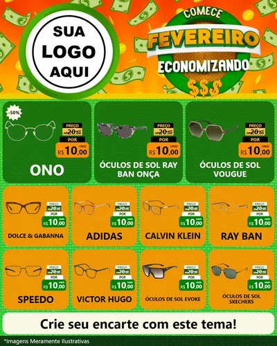 Modelo de Rede Social para Feed Instagram com o tema Comece Fevereiro Economizando para Óticas