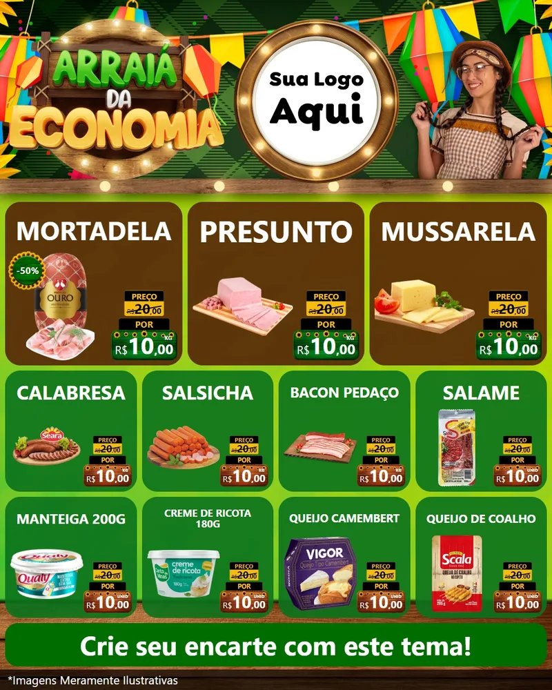 Modelo de Rede Social para Feed Instagram com o tema Arraiá de Economia para Frios e Laticínios