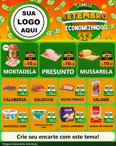 Modelo de Rede Social para Feed Instagram com o tema Comece Setembro Economizando para Frios e Laticínios