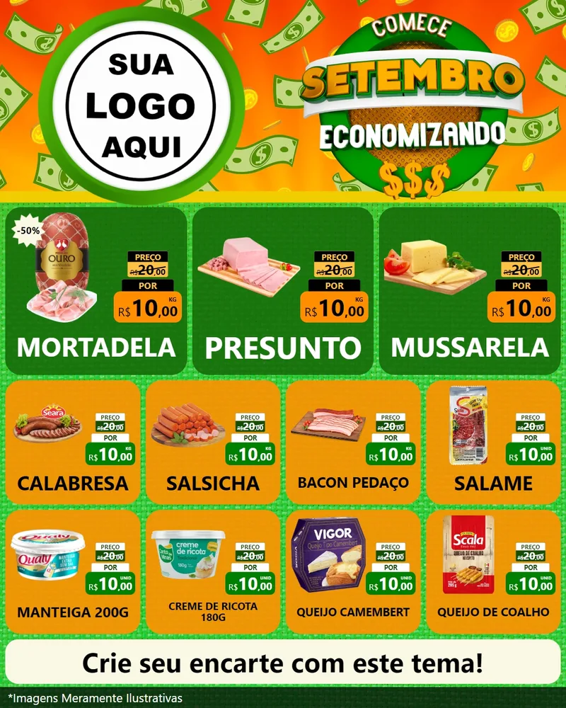 Modelo de Rede Social para Feed Instagram com o tema Comece Setembro Economizando para Frios e Laticínios