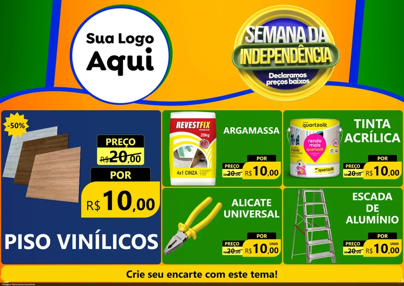 Modelo de Encarte para Encarte A4 Horizontal com o tema Semana da Independência Declaramos Preços Baixos para Material para Construção