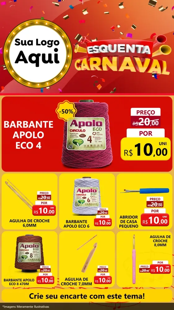 Modelo de Rede Social para Stories com o tema Esquenta Carnaval para Armarinho e Aviamentos