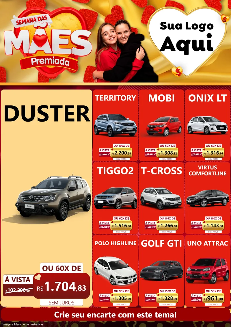 Modelo de Encarte para Encarte A4 Vertical com o tema Semana das Mães Premiada para Concessionaria de Carros