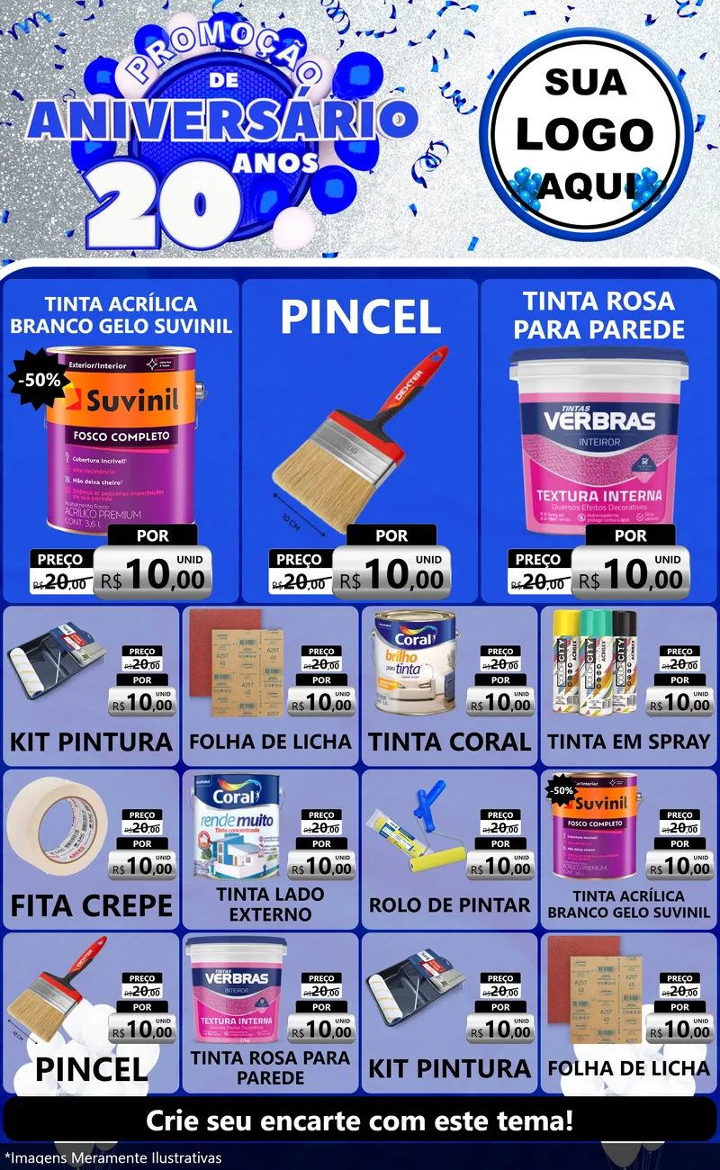 Modelo de Encarte para Encarte Grande com o tema Promoção de Aniversário - 20 Anos para Tintas e Ferramentas