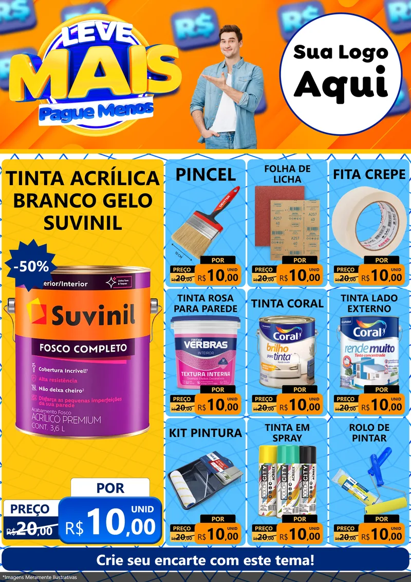 Modelo de Encarte para Encarte A4 Vertical com o tema Leve Mais, Pague Menos para Tintas e Ferramentas