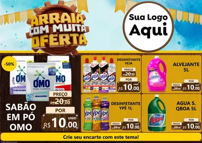 Modelo de Encarte para Encarte A4 Horizontal com o tema Ofertas de São João - Junina para Produtos de Limpeza