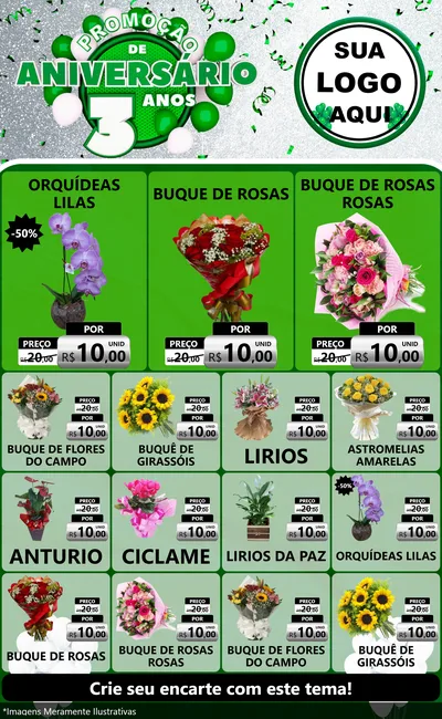 Modelo de Encarte para Encarte Grande com o tema Promoção de Aniversário - 3 Anos para Floricultura e jardim