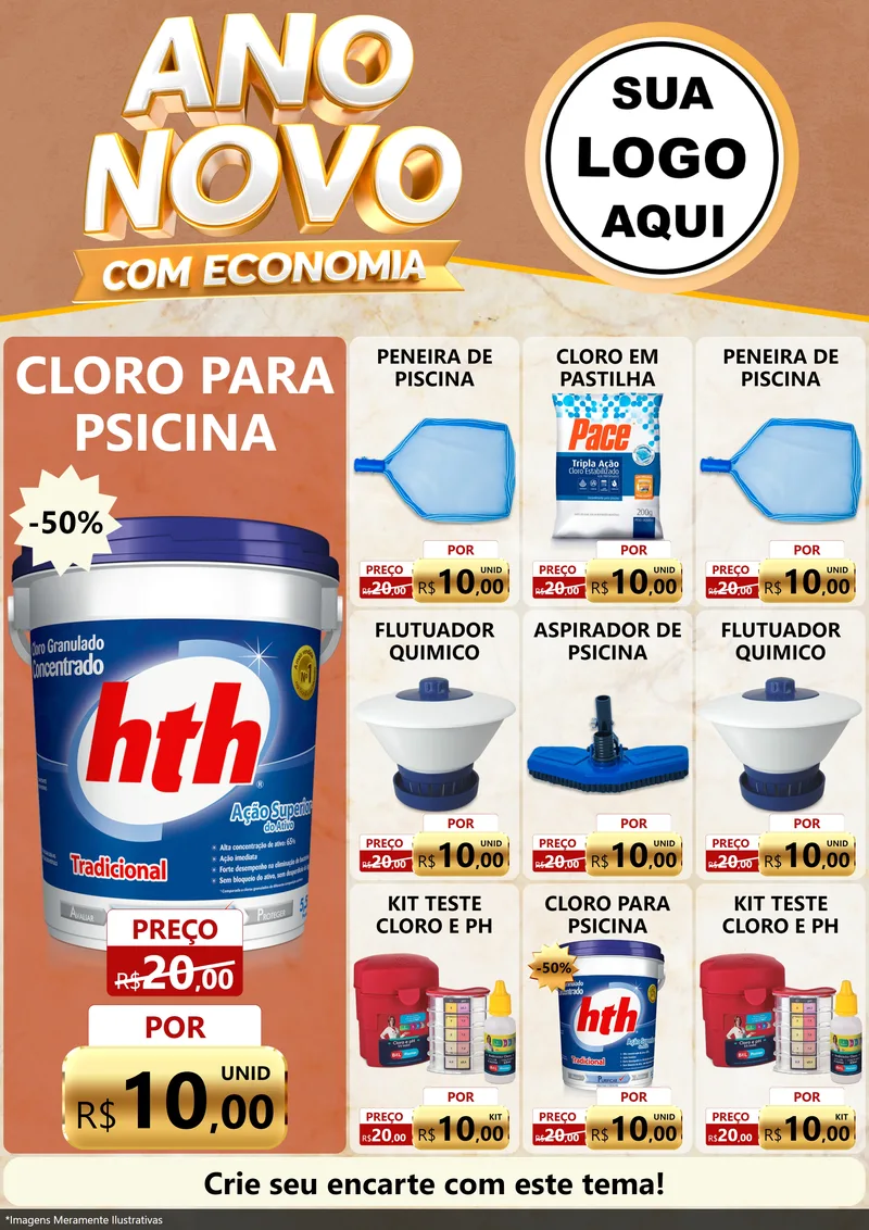 Modelo de Encarte para Encarte A4 Vertical com o tema Ano Novo Com Economia para Produtos para Piscina