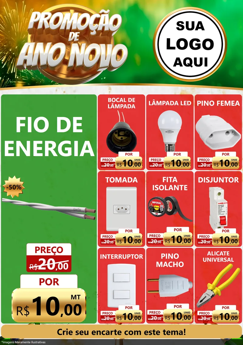 Modelo de Encarte para Encarte A4 Vertical com o tema Promoção de Ano Novo para Materiais Elétricos