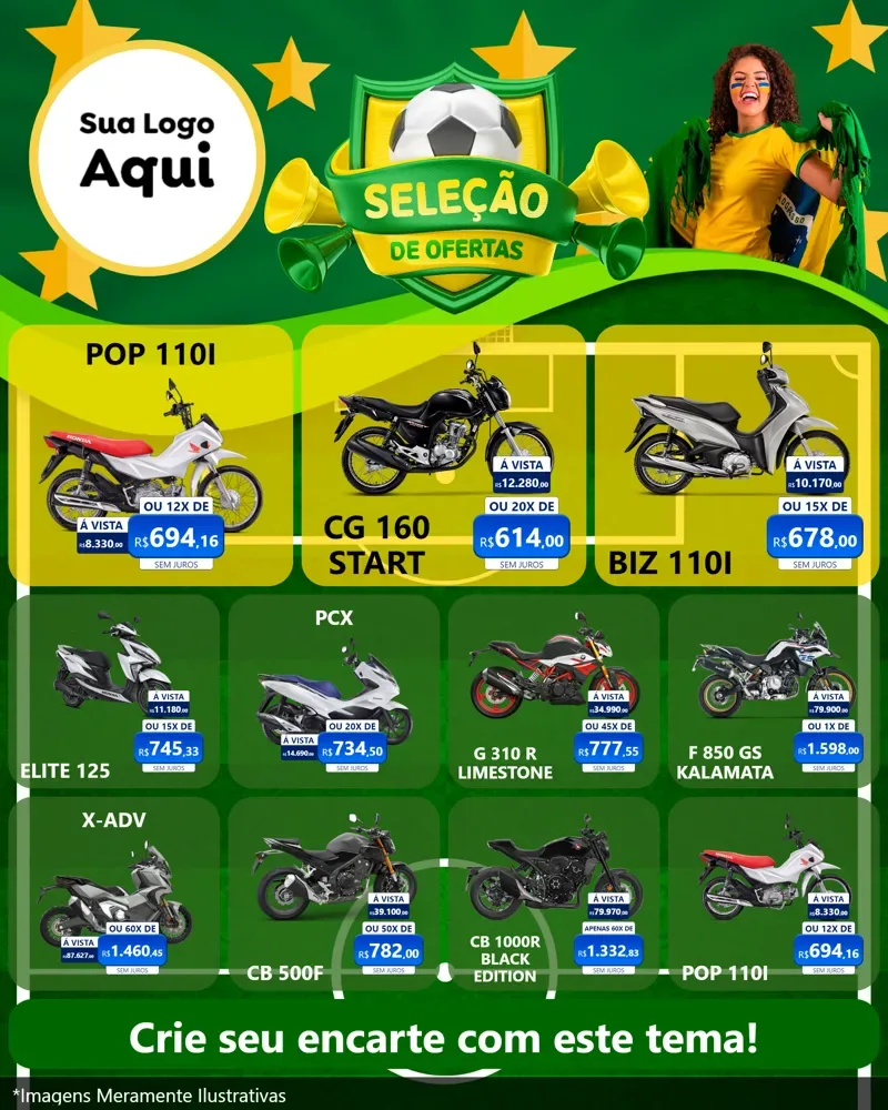 Modelo de Rede Social para Feed Instagram com o tema Seleção de Ofertas - Copa para Concessionaria de Motos