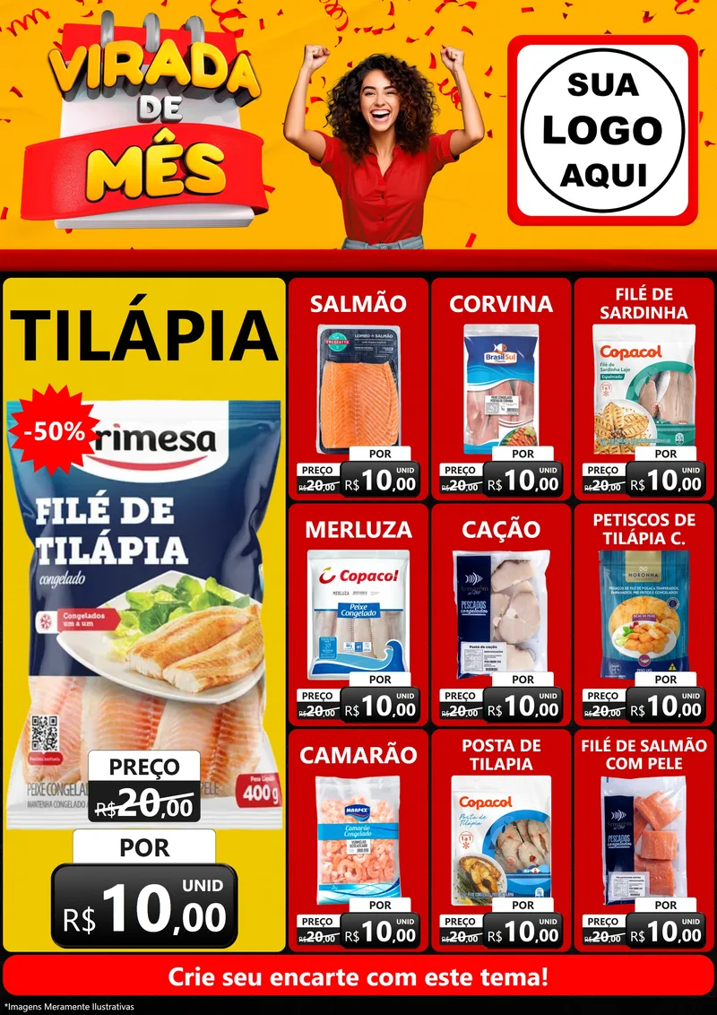 Modelo de Encarte para Encarte A4 Vertical com o tema Virada de Mês para Peixaria
