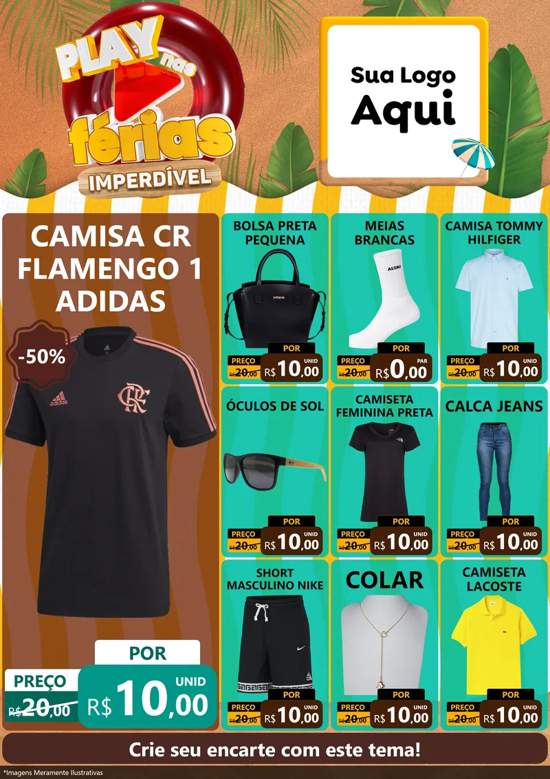 Modelo de Encarte para Encarte A4 Vertical com o tema Play Nas Férias Imperdível para Roupas e acessórios