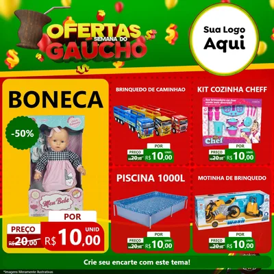 Modelo de Rede Social para Feed Facebook com o tema Ofertas Semana Do Gaúcho para Brinquedos