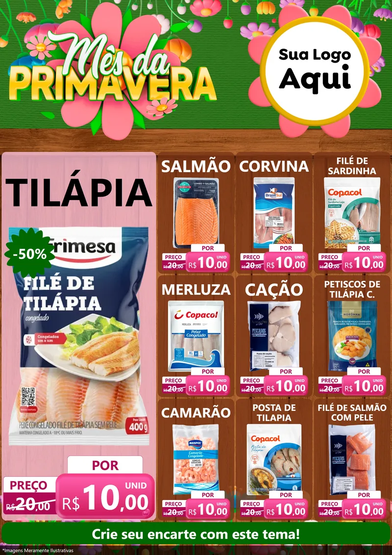 Modelo de Encarte para Encarte A4 Vertical com o tema Mês da Primavera para Peixaria