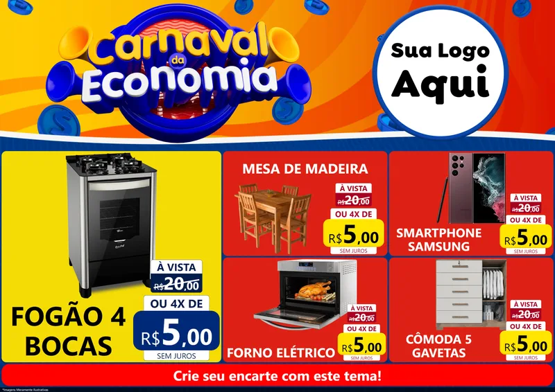 Modelo de Encarte para Encarte A4 Horizontal com o tema Carnaval da Economia para Móveis e Eletro