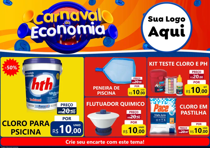 Modelo de Encarte para Encarte A4 Horizontal com o tema Carnaval da Economia para Produtos para Piscina