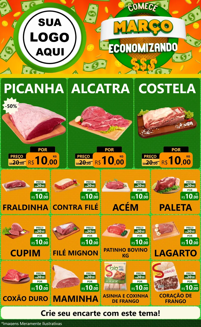 Modelo de Encarte para Encarte Grande com o tema Comece Março Economizando para Açougue