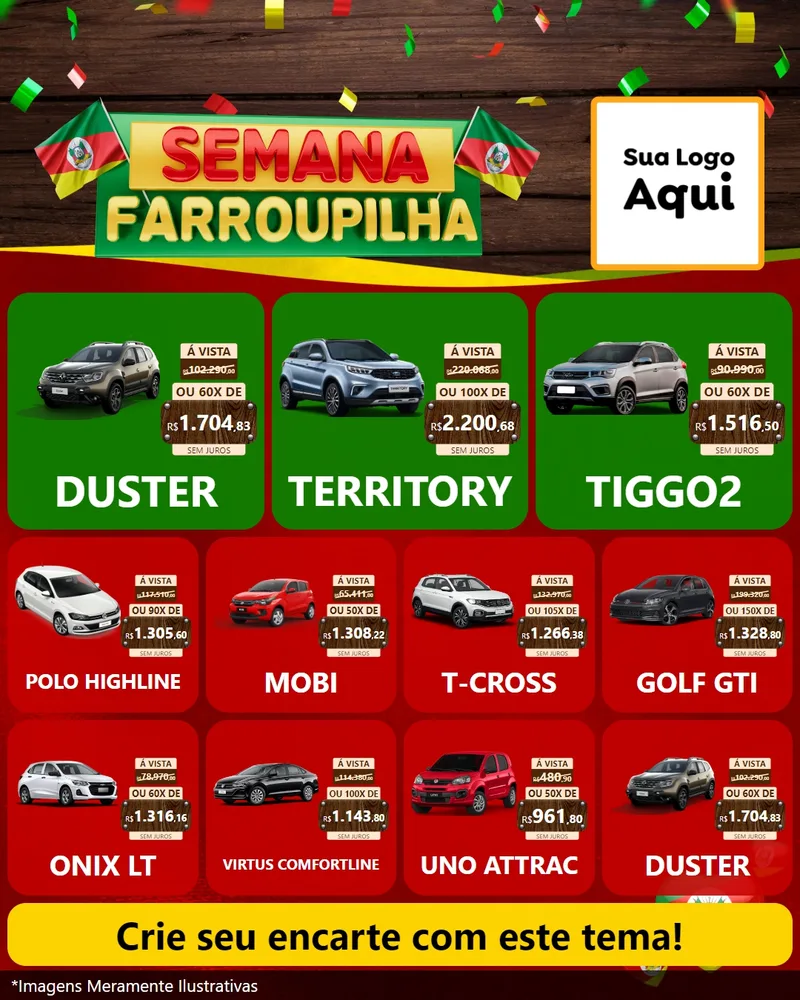 Modelo de Rede Social para Feed Instagram com o tema Semana Farroupilha para Concessionaria de Carros