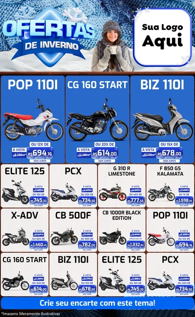 Modelo de Encarte para Encarte Grande com o tema Ofertas de Inverno para Concessionaria de Motos