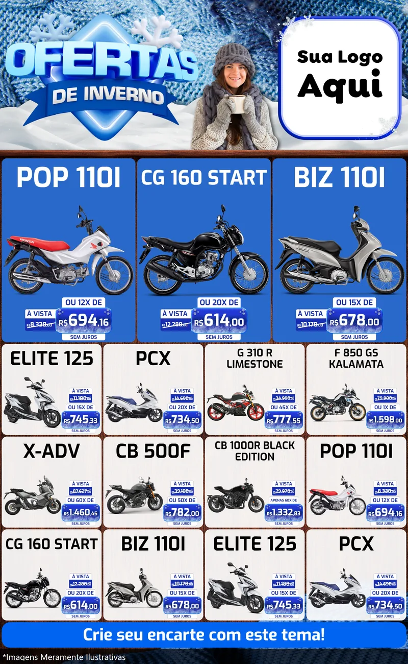 Modelo de Encarte para Encarte Grande com o tema Ofertas de Inverno para Concessionaria de Motos