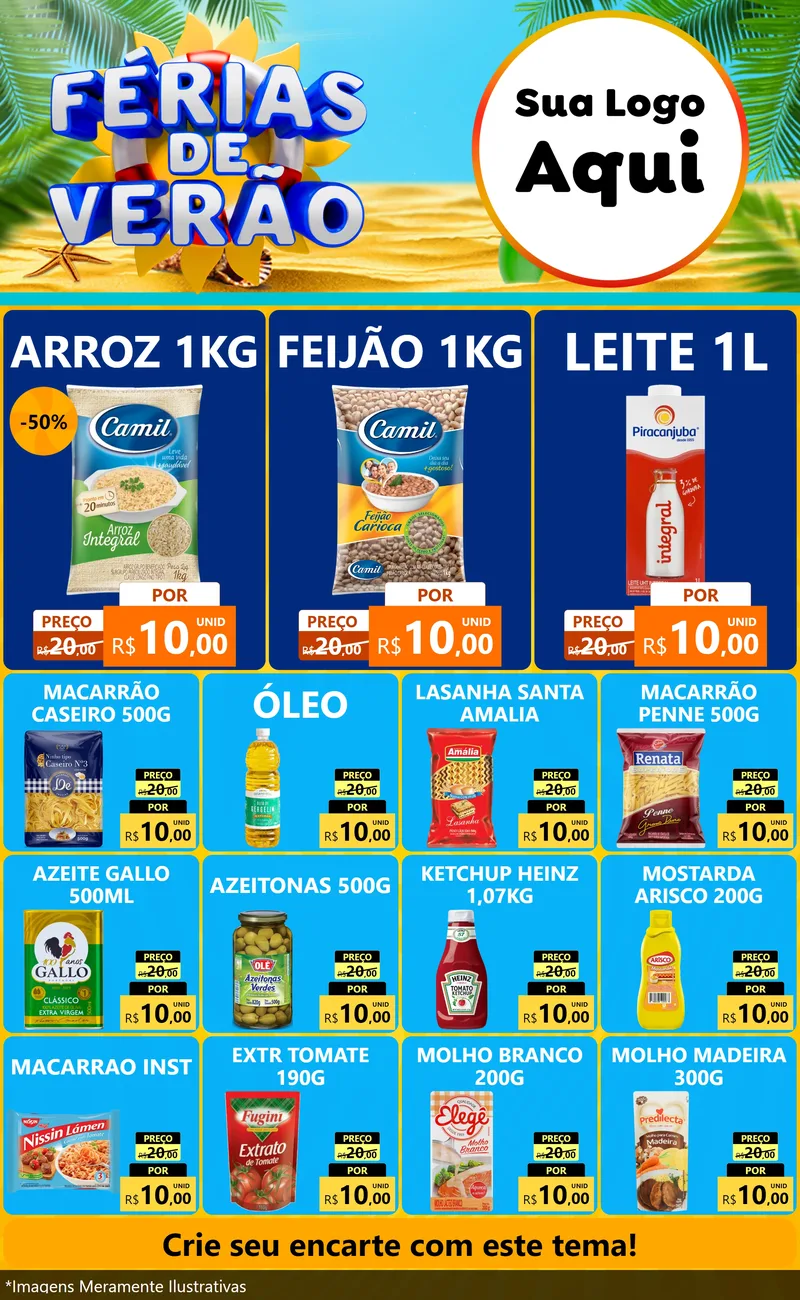 Modelo de Encarte para Encarte Grande com o tema Férias de Verão para Supermercado