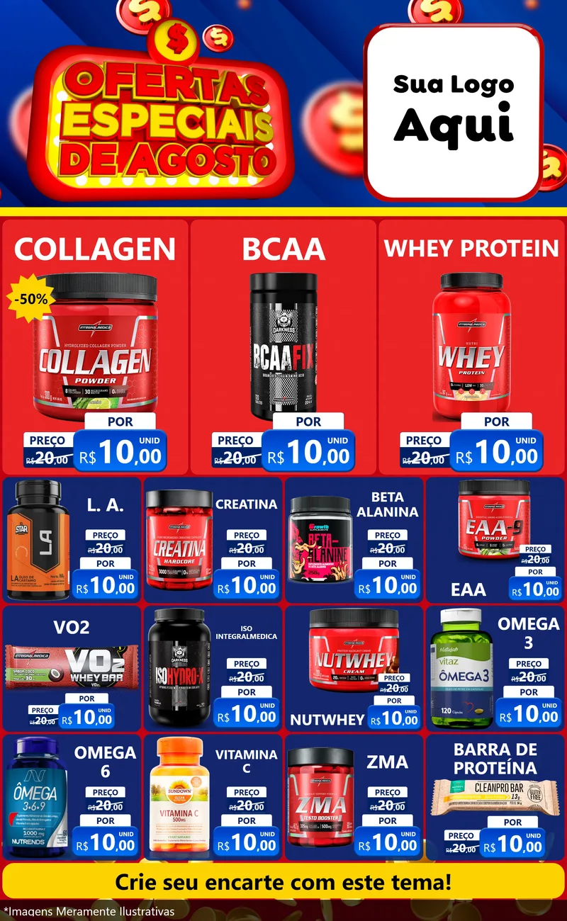 Modelo de Encarte para Encarte Grande com o tema Ofertas Especiais de Agosto para Suplementos alimentares