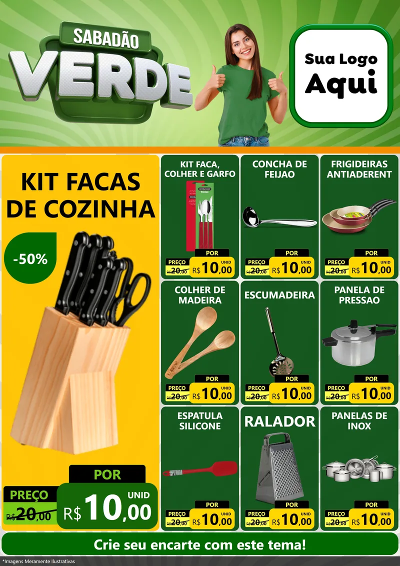 Modelo de Encarte para Encarte A4 Vertical com o tema Sabadão Verde para Utilidades Domésticas