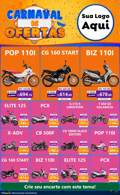 Modelo de Encarte para Encarte Grande com o tema Carnaval de Ofertas para Concessionaria de Motos