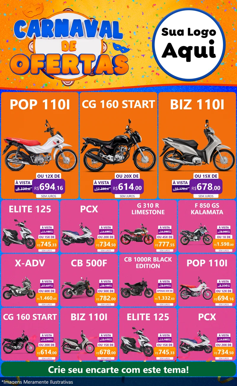 Modelo de Encarte para Encarte Grande com o tema Carnaval de Ofertas para Concessionaria de Motos