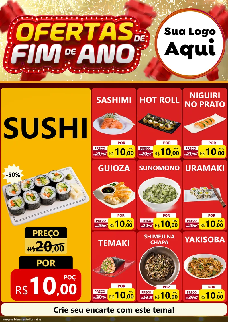 Modelo de Encarte para Encarte A4 Vertical com o tema Ofertas de Fim de Ano para Comida japonesa