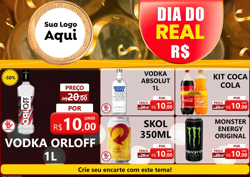 Modelo de Encarte para Encarte A4 Horizontal com o tema Dia do Real para Distribuidora de bebidas