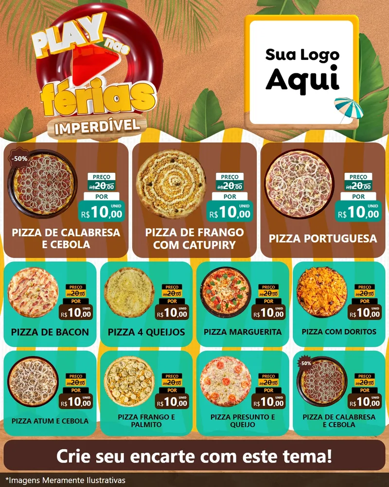 Modelo de Rede Social para Feed Instagram com o tema Play Nas Férias Imperdível para Pizzaria