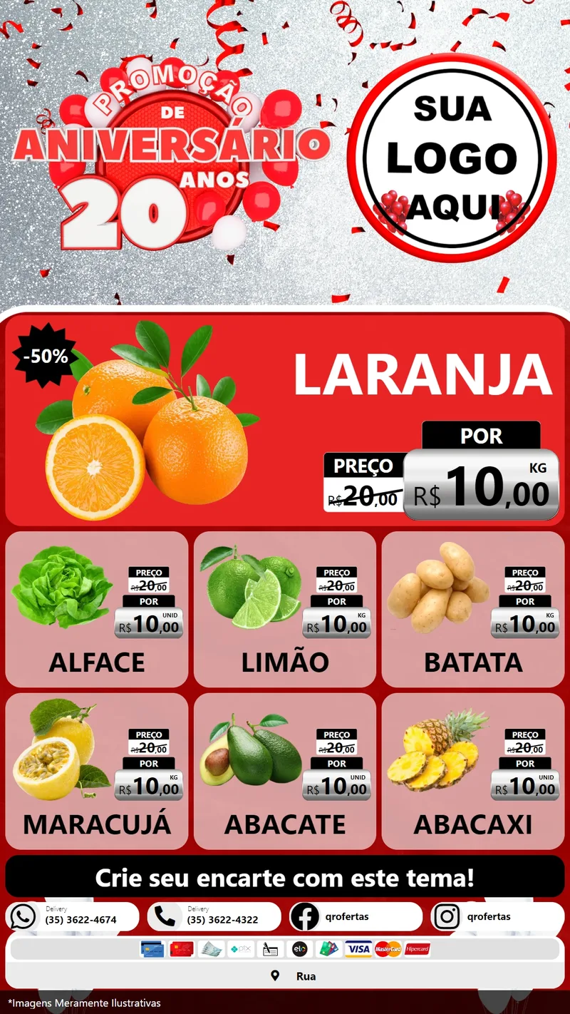Modelo de Rede Social para Stories com o tema Promoção de Aniversário - 20 Anos para Hortifrúti