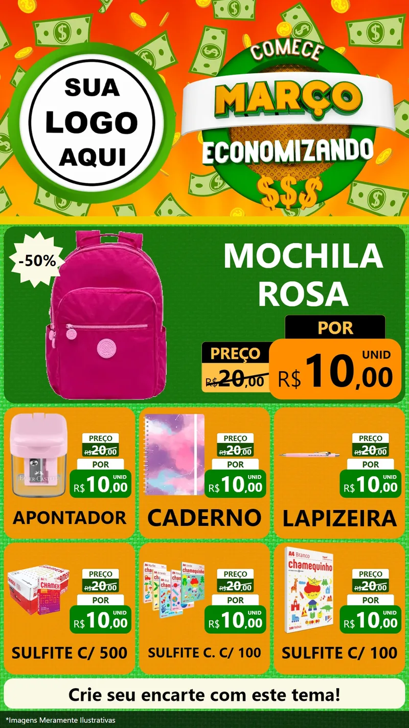 Modelo de Rede Social para Stories com o tema Comece Março Economizando para Papelaria