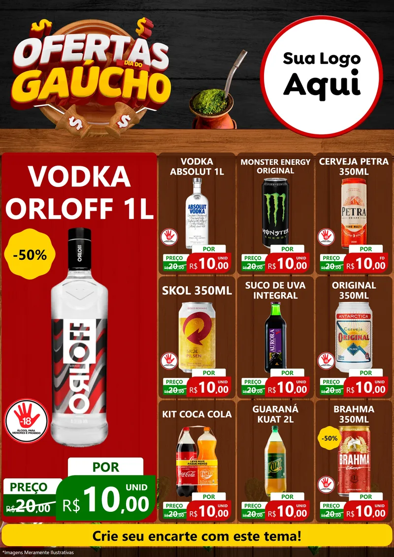 Modelo de Encarte para Encarte A4 Vertical com o tema Ofertas Dia do Gaúcho para Distribuidora de bebidas