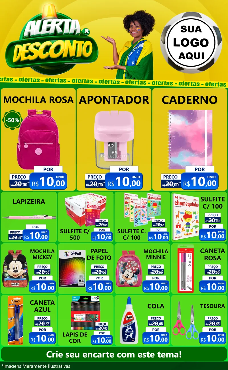 Modelo de Encarte para Encarte Grande com o tema Alerta de Desconto para Papelaria