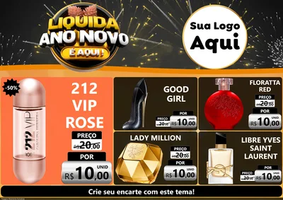 Modelo de Encarte para Encarte A4 Horizontal com o tema Liquida Ano Novo É Aqui! para Perfumes