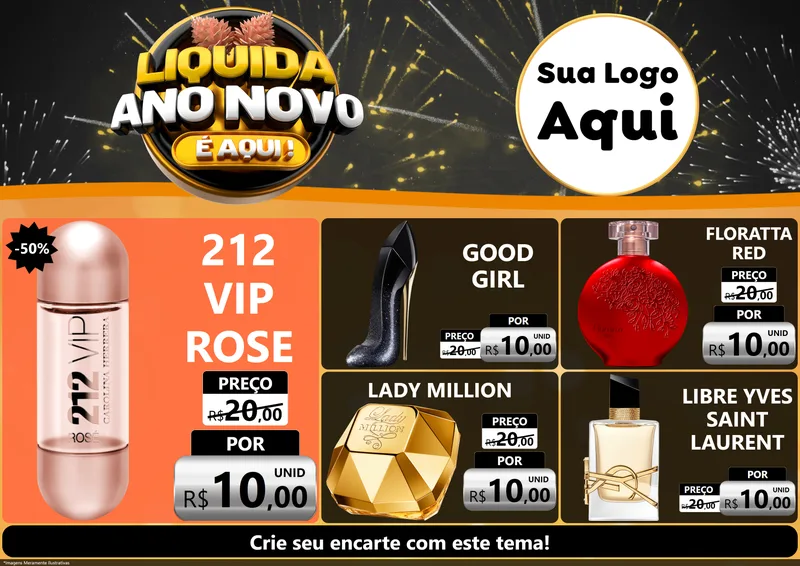 Modelo de Encarte para Encarte A4 Horizontal com o tema Liquida Ano Novo É Aqui! para Perfumes