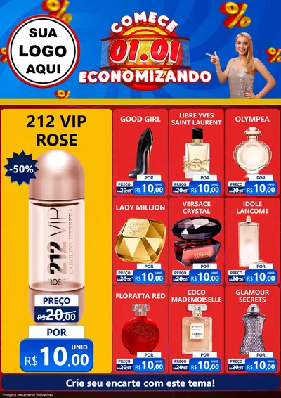Modelo de Encarte para Encarte A4 Vertical com o tema Comece 1º de Janeiro Economizando para Perfumes
