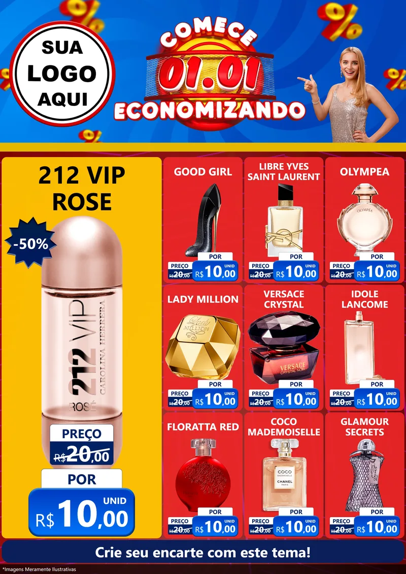 Modelo de Encarte para Encarte A4 Vertical com o tema Comece 1º de Janeiro Economizando para Perfumes