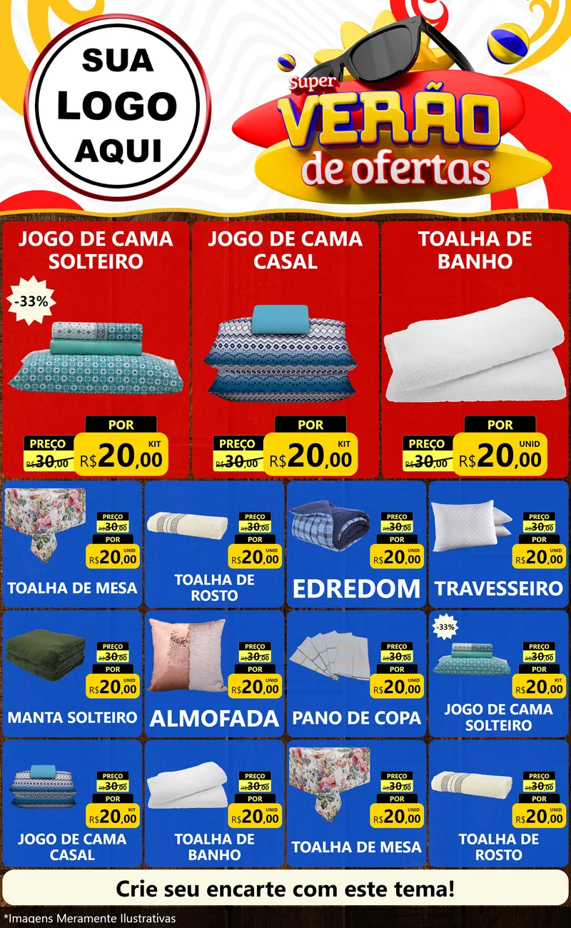 Modelo de Encarte para Encarte Grande com o tema Super Verão de Ofertas para Cama, Mesa e Banho
