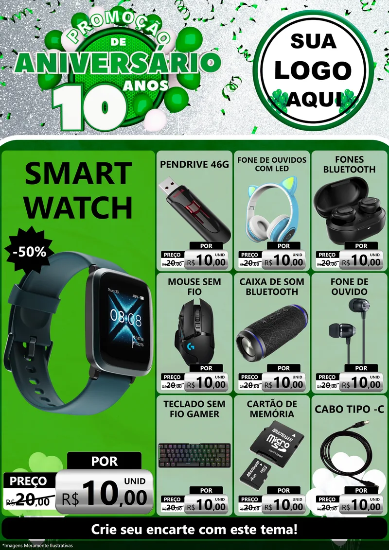 Modelo de Encarte para Encarte A4 Vertical com o tema Promoção de Aniversário - 10 Anos para Informática